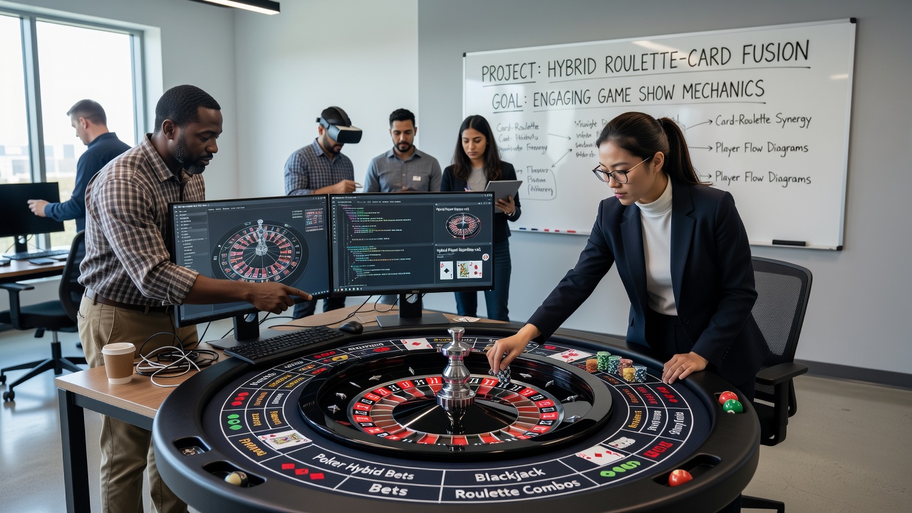 Production control room monitoring hybrid roulette card game streams with multiple dealer positions active