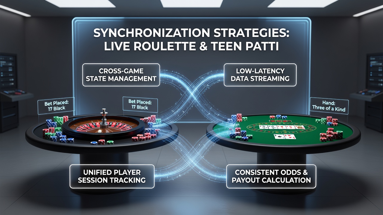 Split view of synchronized live dealer interfaces for roulette and Teen Patti with multiple player avatars displayed